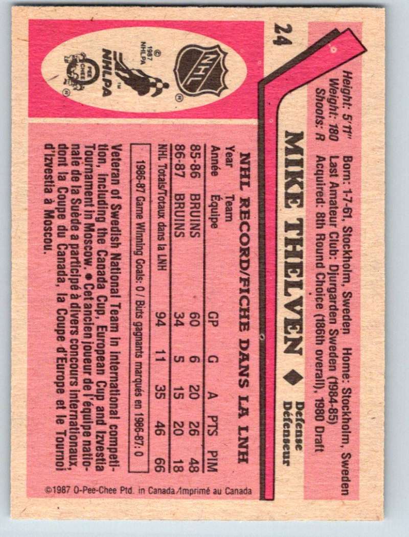 1987-88 O-Pee-Chee #24 Michael Thelven RC Rookie Bruins UER Mint