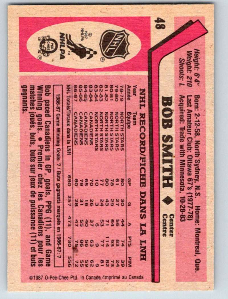 1987-88 O-Pee-Chee #48 Bobby Smith Canadiens Mint