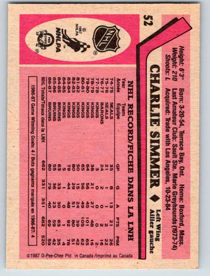 1987-88 O-Pee-Chee #52 Charlie Simmer Bruins Mint Image 2