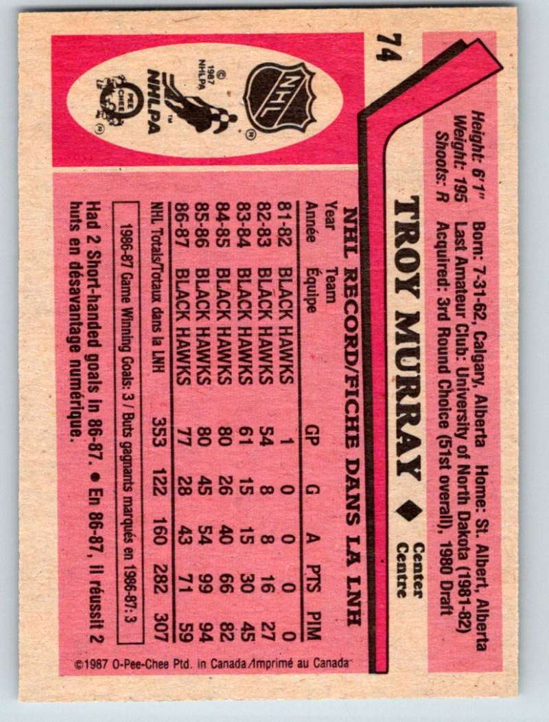 1987-88 O-Pee-Chee #74 Troy Murray Blackhawks Mint