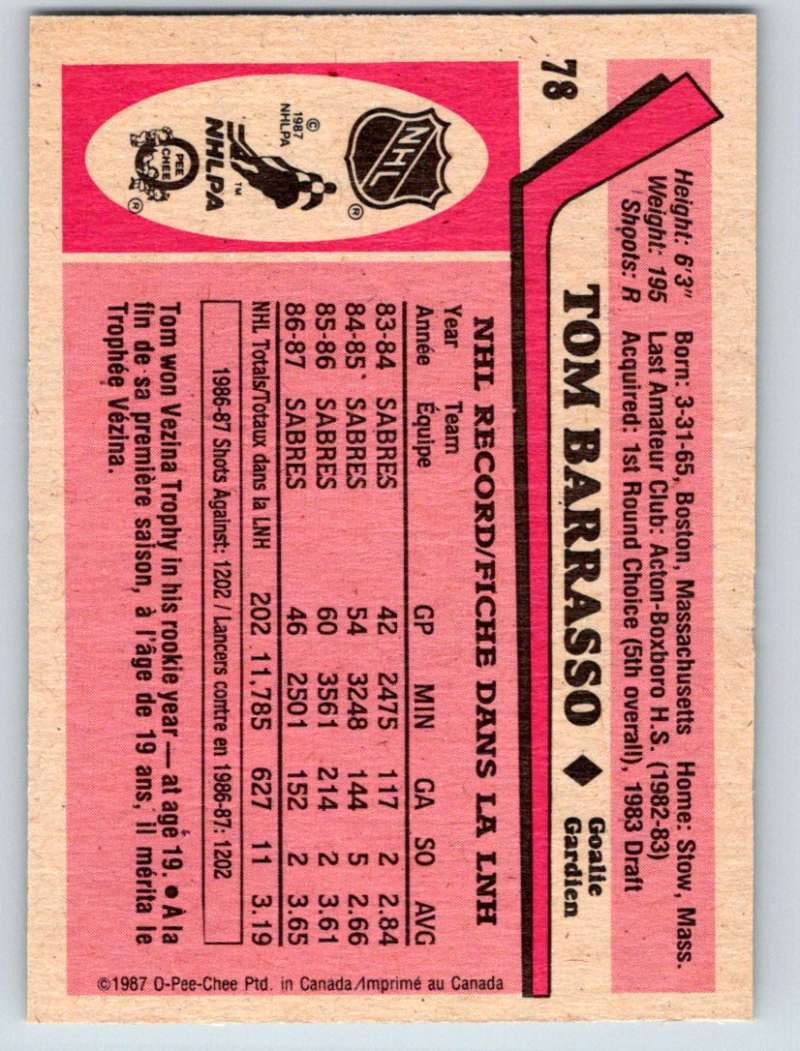 1987-88 O-Pee-Chee #78 Tom Barrasso Sabres Mint