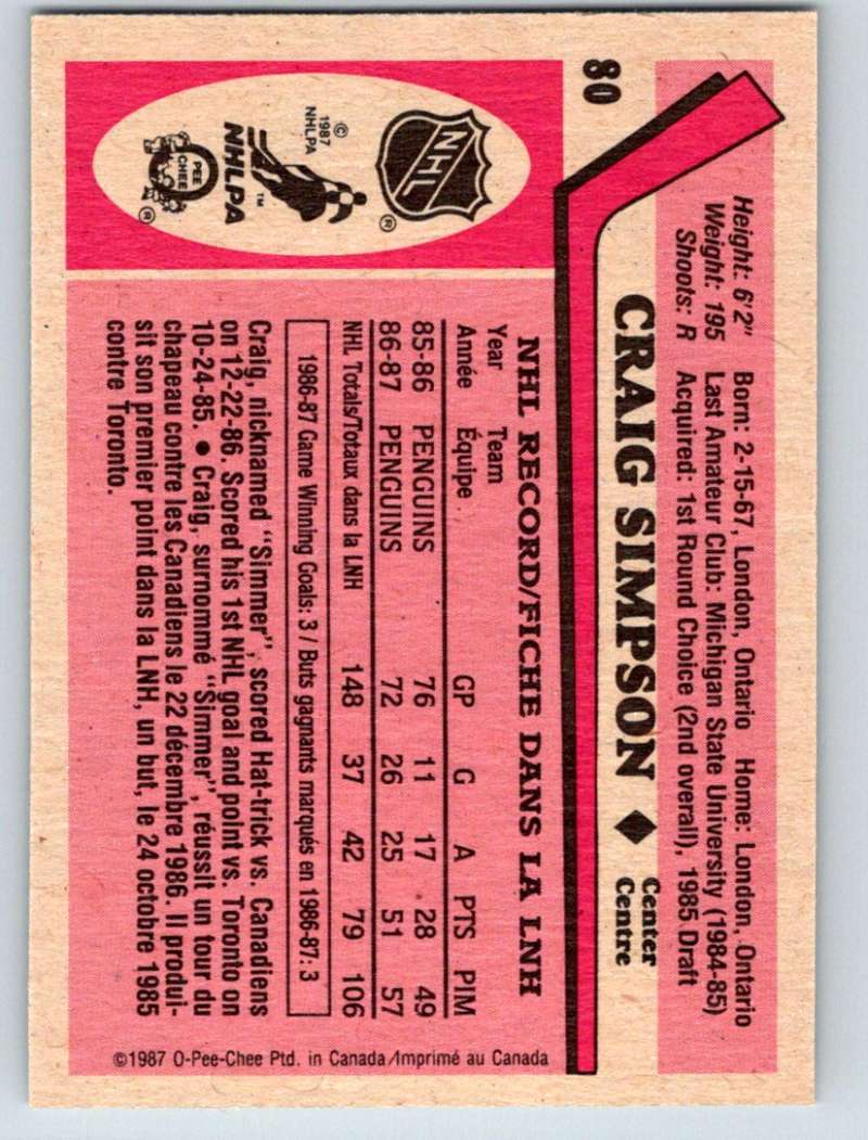 1987-88 O-Pee-Chee #80 Craig Simpson RC Rookie Penguins Mint