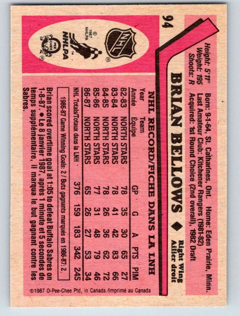 1987-88 O-Pee-Chee #94 Brian Bellows North Stars Mint Image 2
