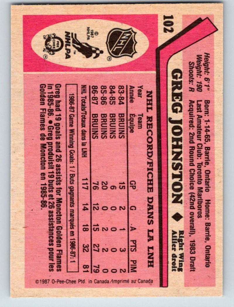 1987-88 O-Pee-Chee #102 Greg Johnston RC Rookie Bruins Mint