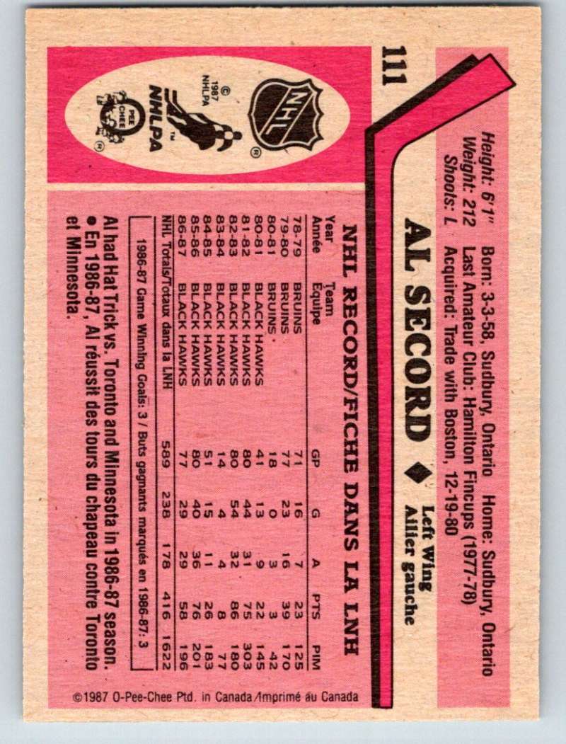 1987-88 O-Pee-Chee #111 Al Secord Maple Leafs Mint Image 2