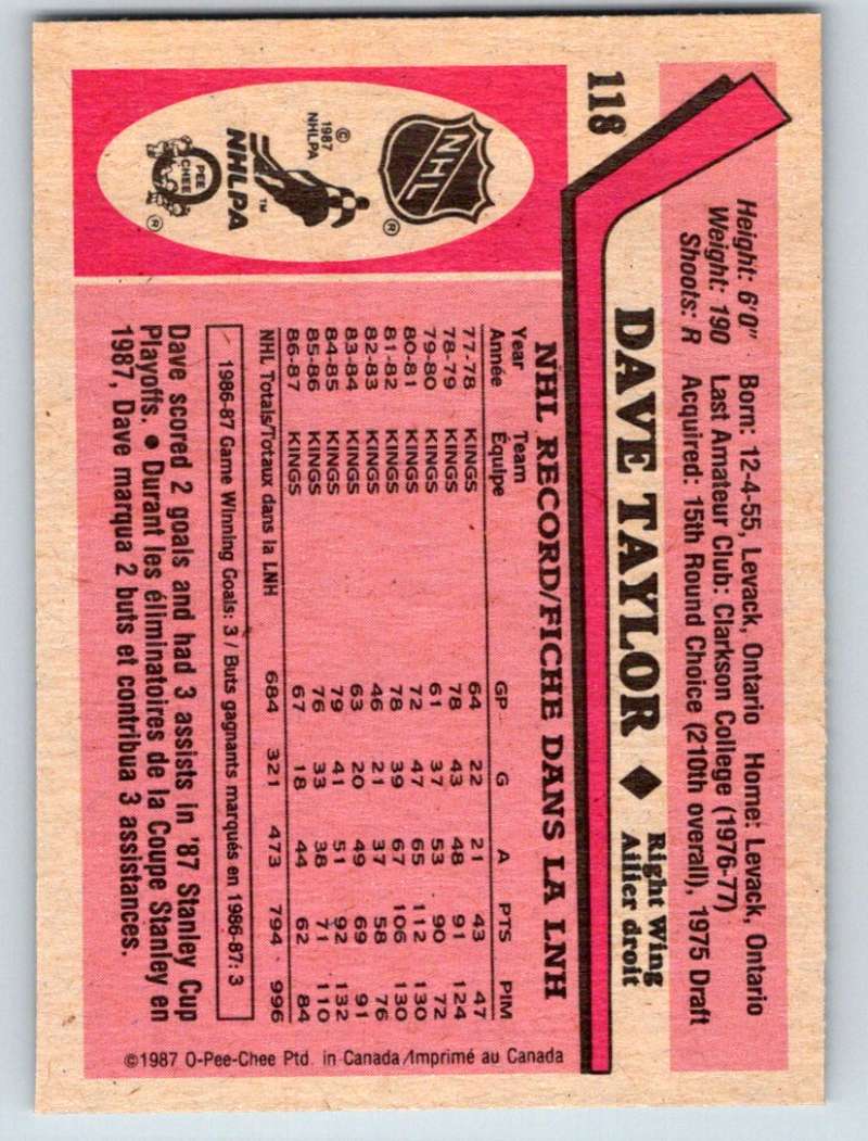 1987-88 O-Pee-Chee #118 Dave Taylor Kings Mint