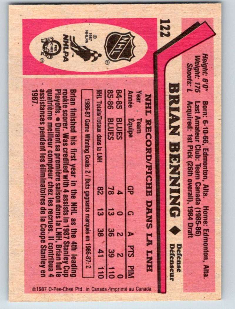 1987-88 O-Pee-Chee #122 Brian Benning RC Rookie Blues Mint