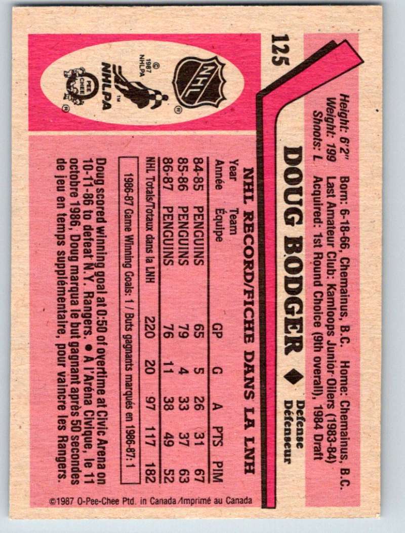 1987-88 O-Pee-Chee #125 Doug Bodger Penguins Mint Image 2