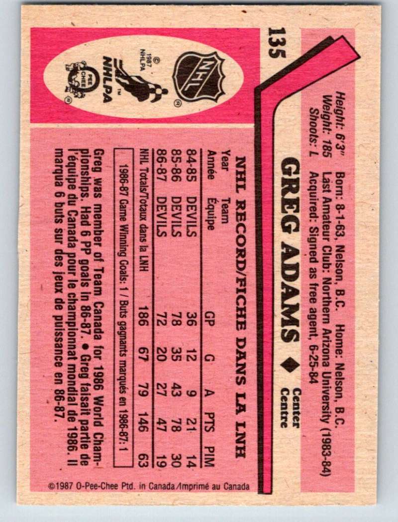 1987-88 O-Pee-Chee #135 Greg Adams NJ Devils Mint Image 2
