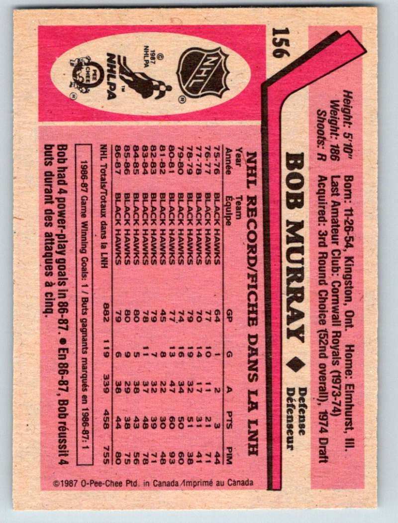 1987-88 O-Pee-Chee #156 Bob Murray Blackhawks Mint Image 2