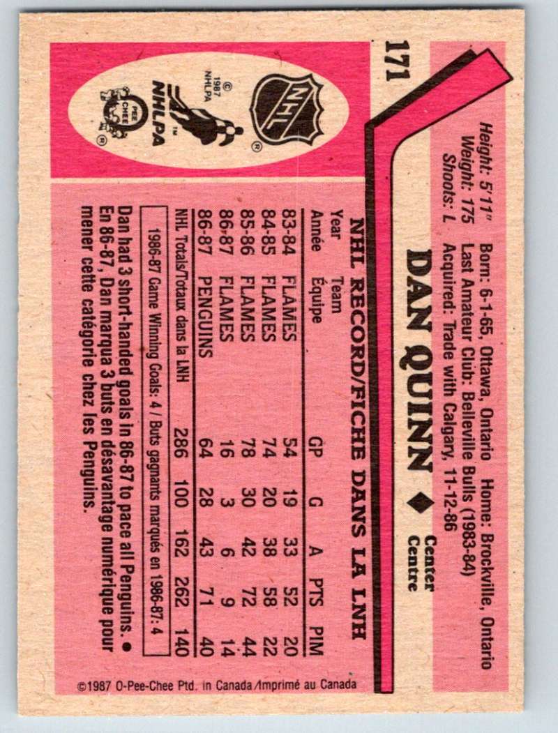 1987-88 O-Pee-Chee #171 Dan Quinn Penguins Mint Image 2