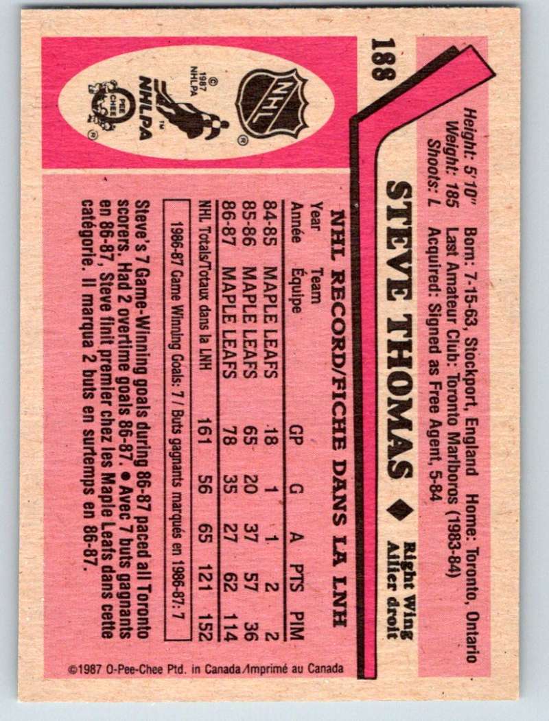 1987-88 O-Pee-Chee #188 Steve Thomas Blackhawks Mint Image 2