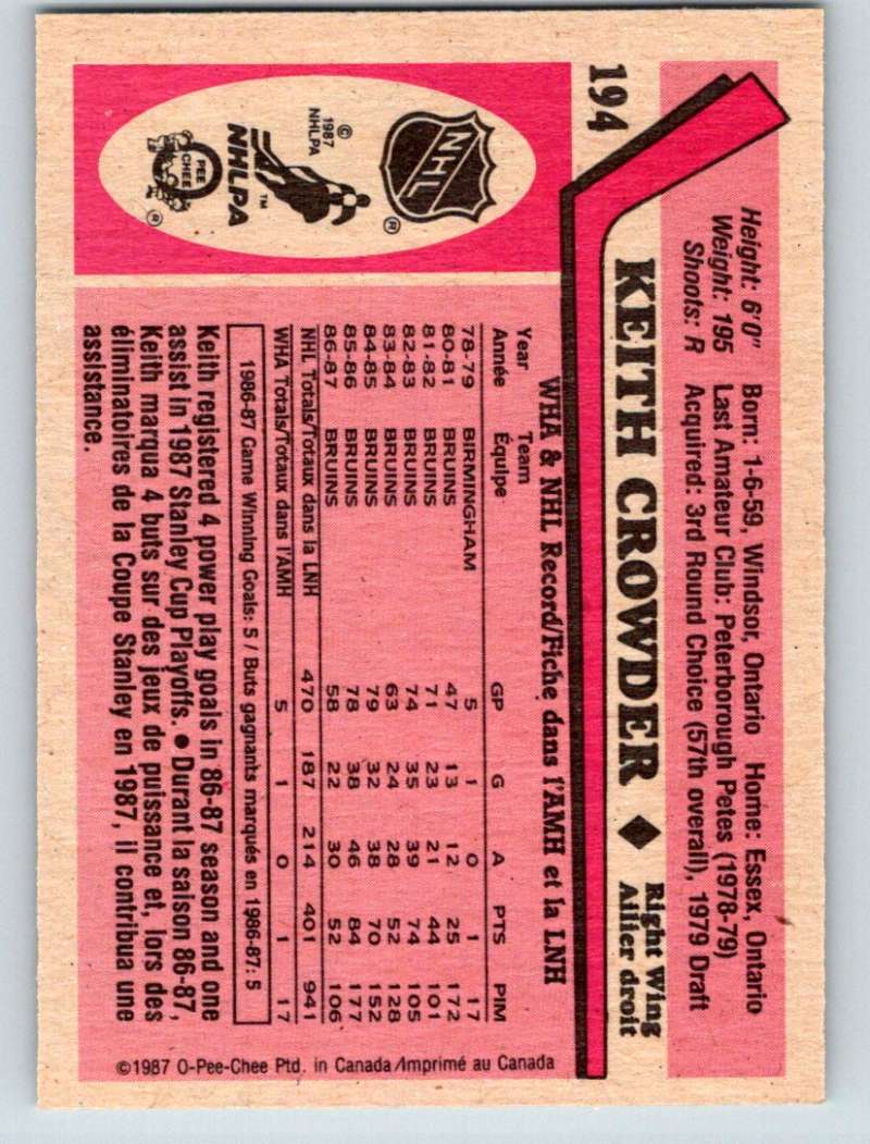 1987-88 O-Pee-Chee #194 Keith Crowder Bruins Mint