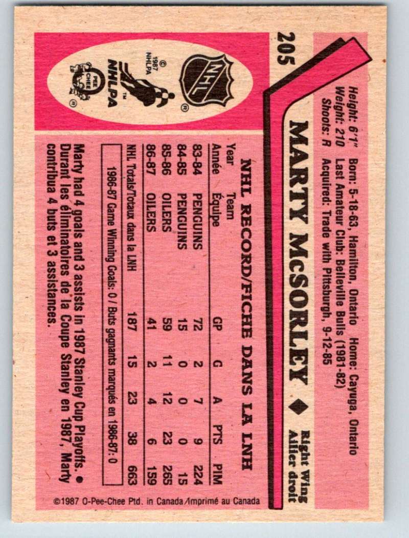 1987-88 O-Pee-Chee #205 Marty McSorley RC Rookie Oilers Mint