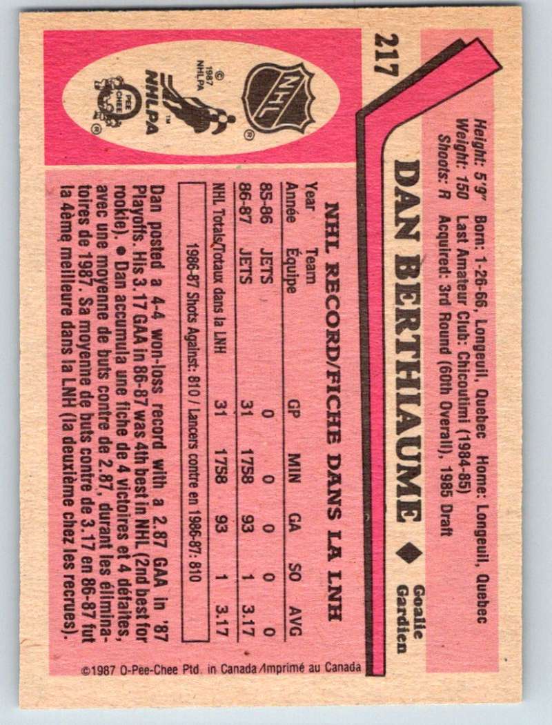 1987-88 O-Pee-Chee #217 Daniel Berthiaume RC Rookie Winn Jets Mint