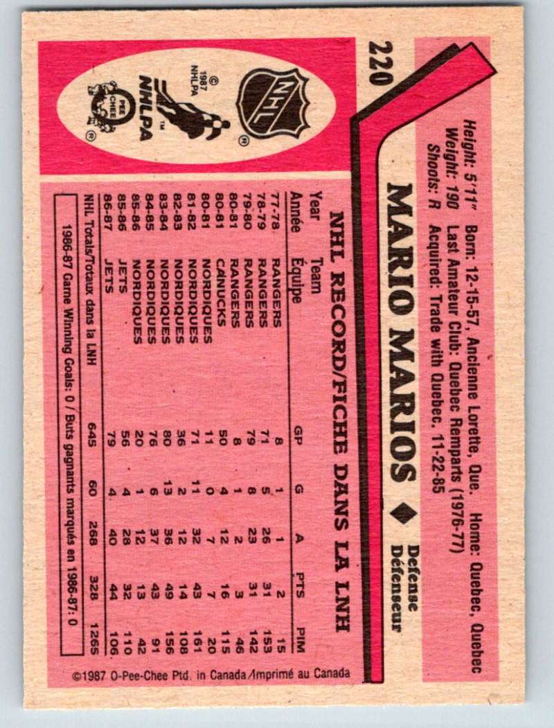 1987-88 O-Pee-Chee #220 Mario Marois Winn Jets UER Mint
