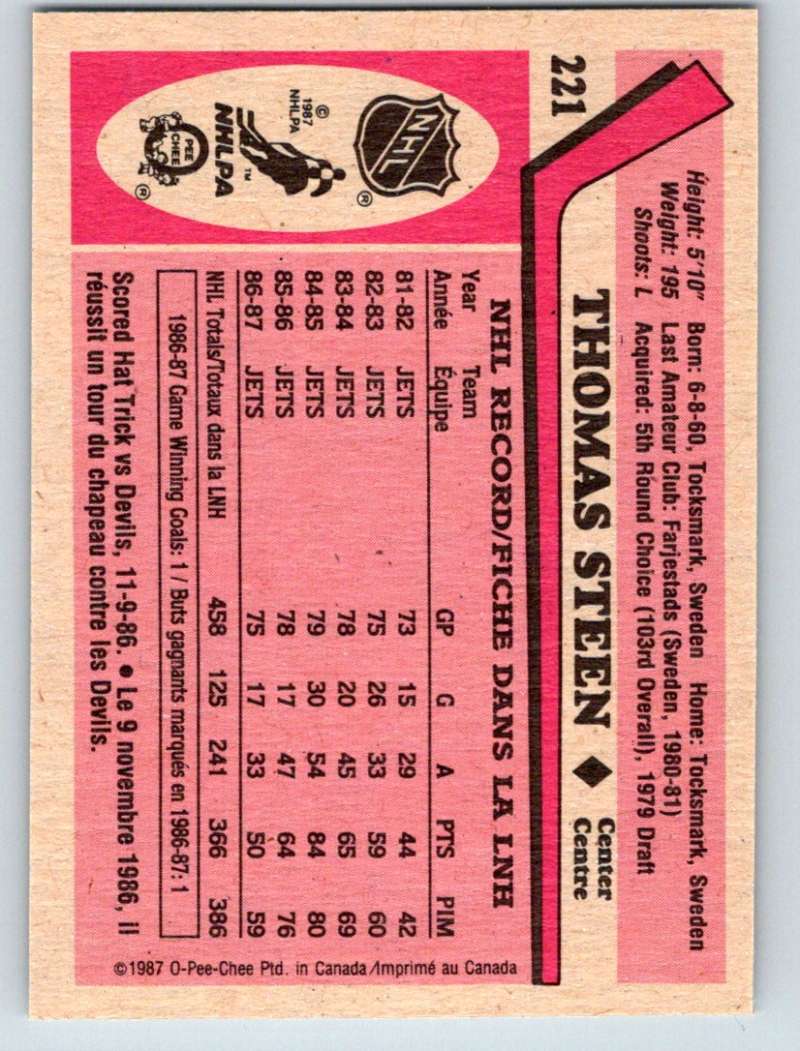 1987-88 O-Pee-Chee #221 Thomas Steen Winn Jets Mint