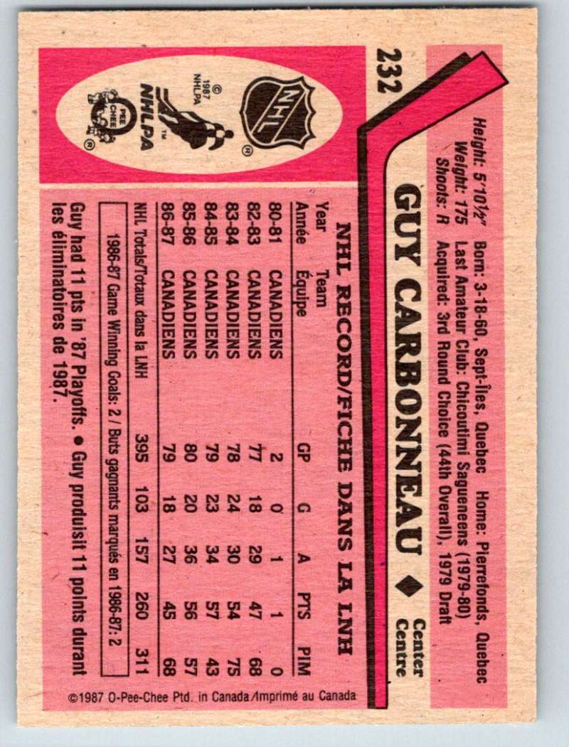 1987-88 O-Pee-Chee #232 Guy Carbonneau Canadiens Mint