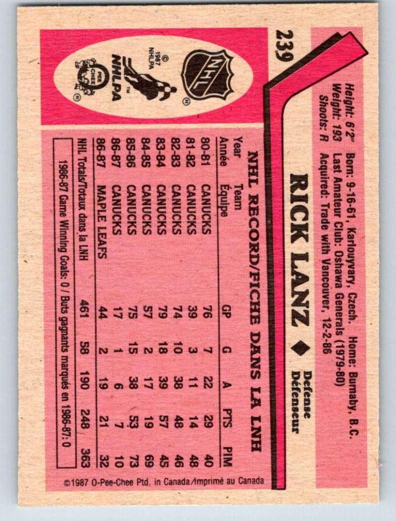 1987-88 O-Pee-Chee #239 Rick Lanz Maple Leafs Mint