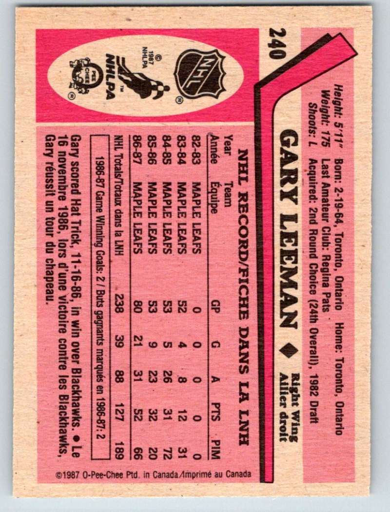 1987-88 O-Pee-Chee #240 Gary Leeman Maple Leafs Mint