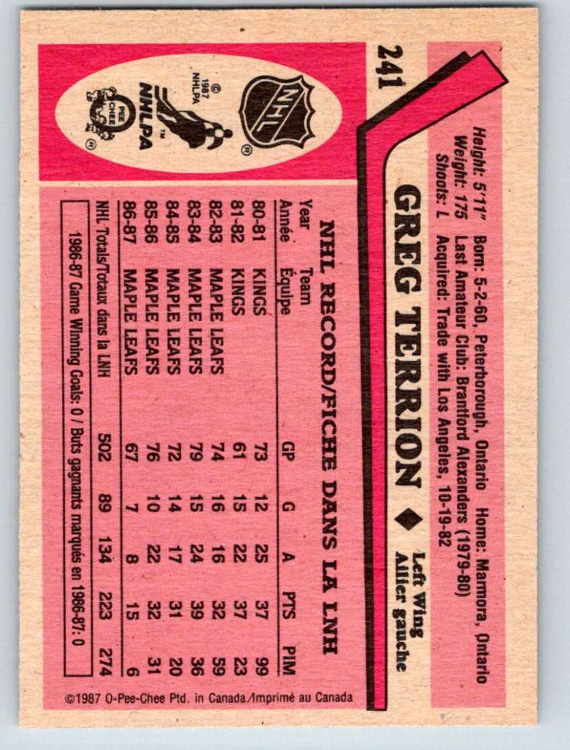 1987-88 O-Pee-Chee #241 Greg Terrion Maple Leafs Mint