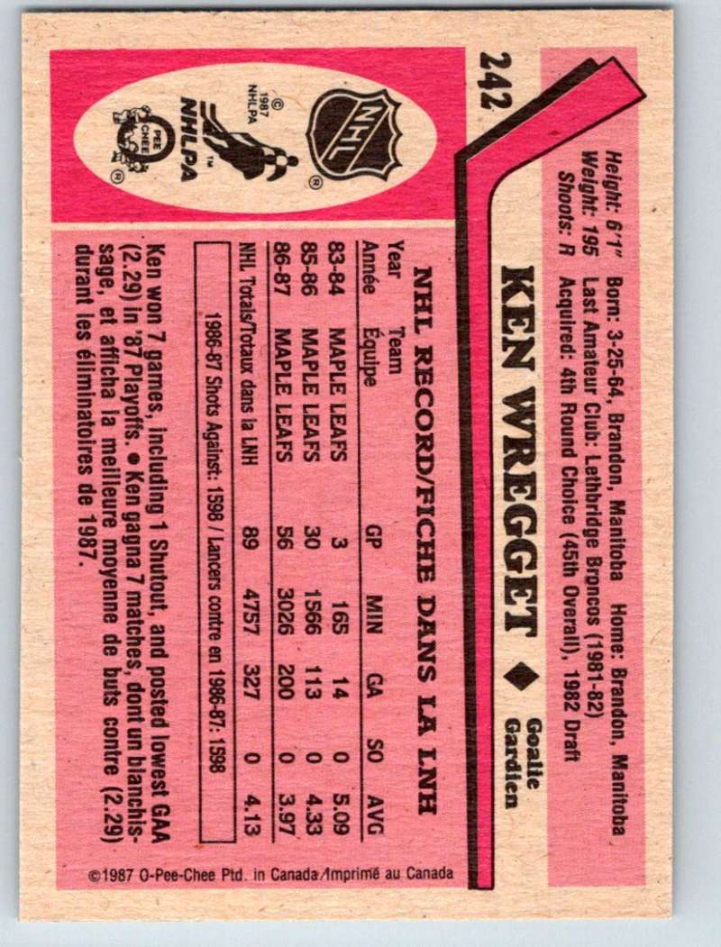 1987-88 O-Pee-Chee #242 Ken Wregget RC Rookie Maple Leafs Mint