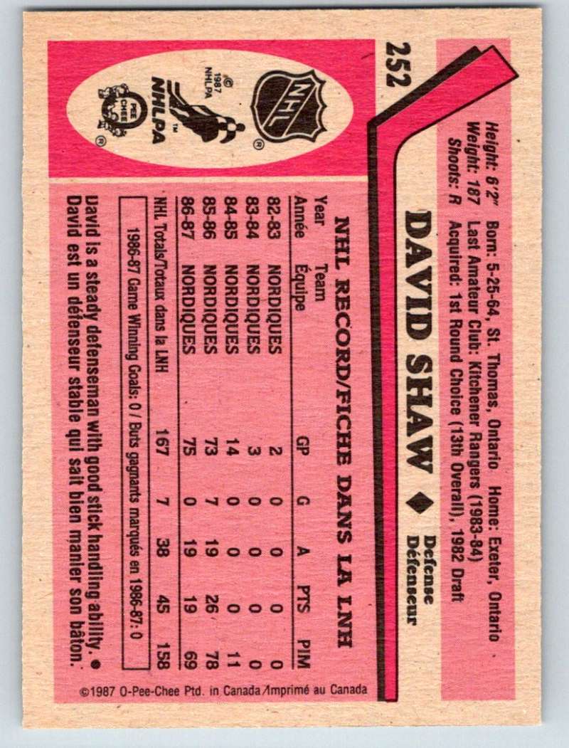 1987-88 O-Pee-Chee #252 David Shaw Nordiques Mint Image 2