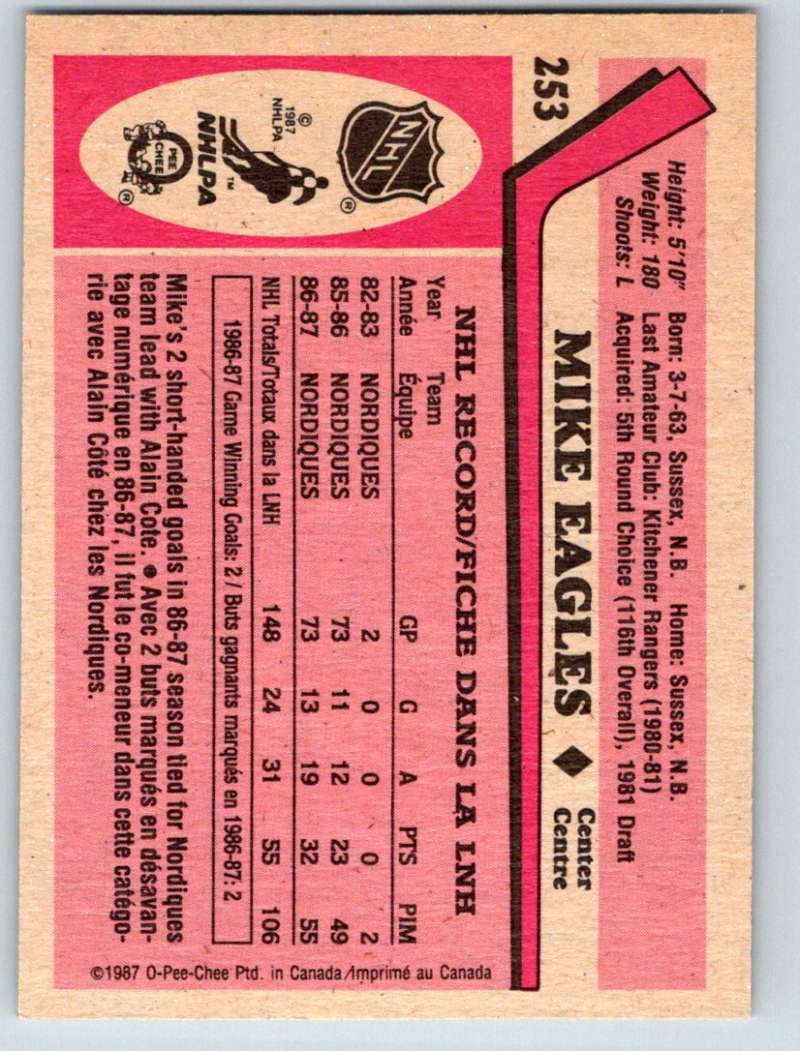 1987-88 O-Pee-Chee #253 Mike Eagles RC Rookie Nordiques Mint