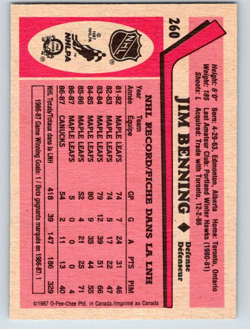 1987-88 O-Pee-Chee #260 Jim Benning Canucks Mint