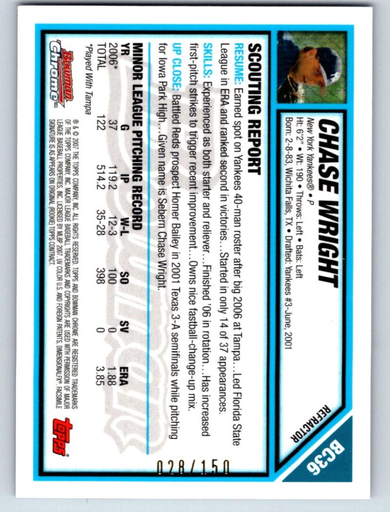 2007 Bowman Chrome Prospects Refractors Blue #BC36 Chase Wright 28/150 Image 2