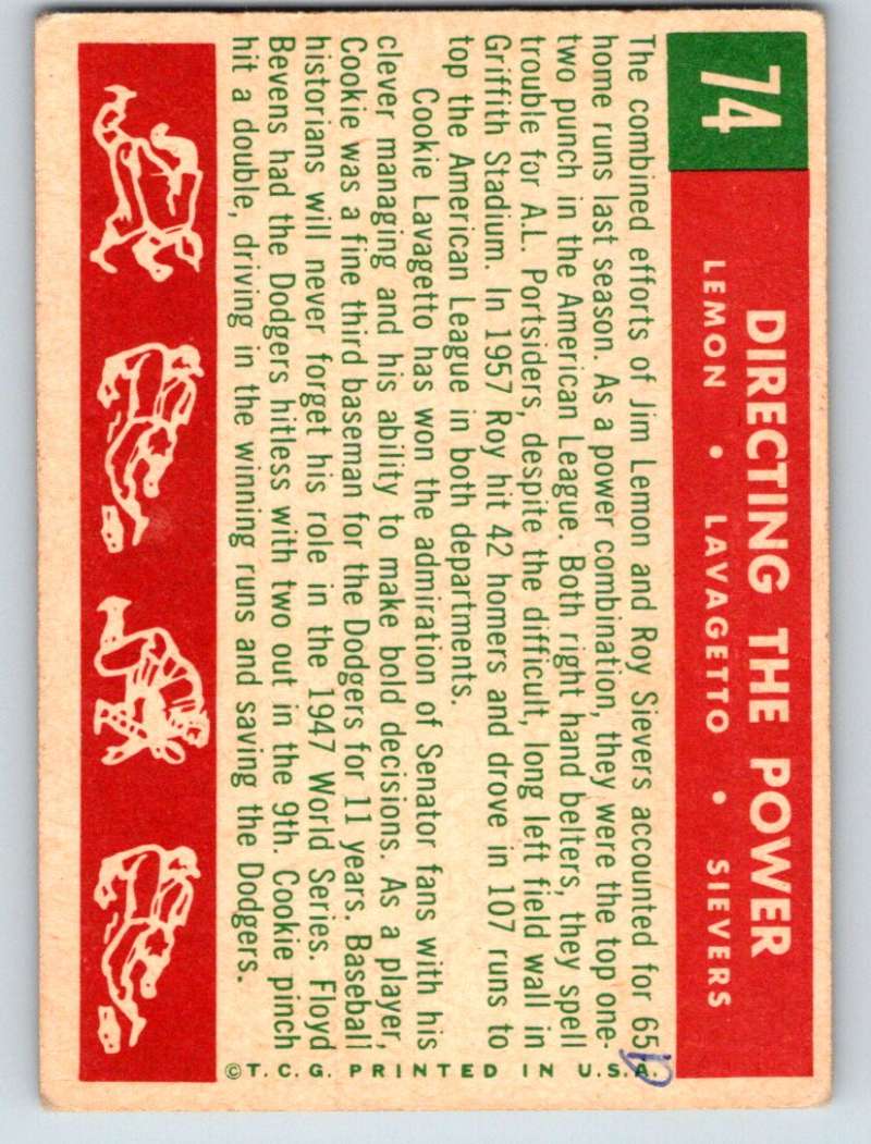 1959 Topps #74 Lemon/Lavagetto/Sievers Senators 3587 Image 2