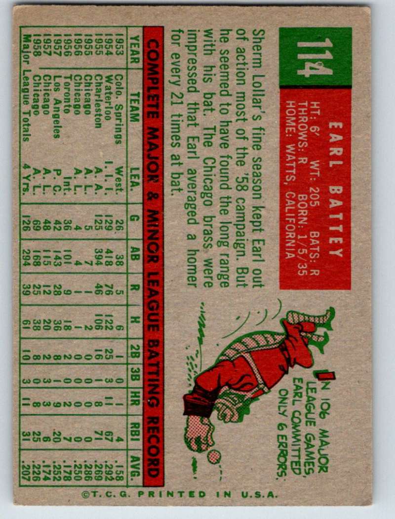 1959 Topps #114 Earl Battey White Sox 3592 Image 2
