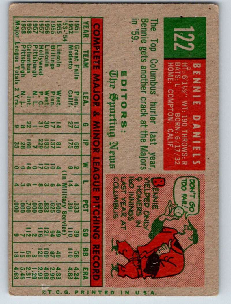 1959 Topps #122 Bennie Daniels Pirates 3595 Image 2