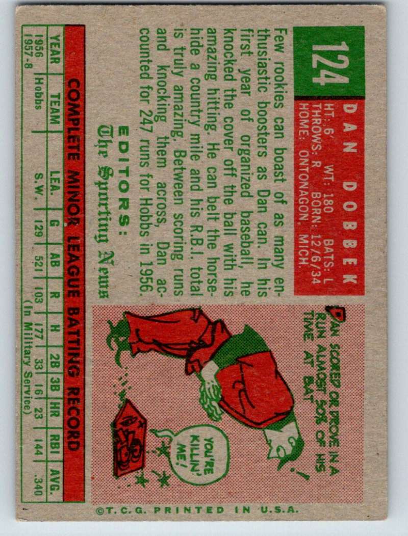 1959 Topps #124 Dan Dobbek RC Rookie Senators 3596