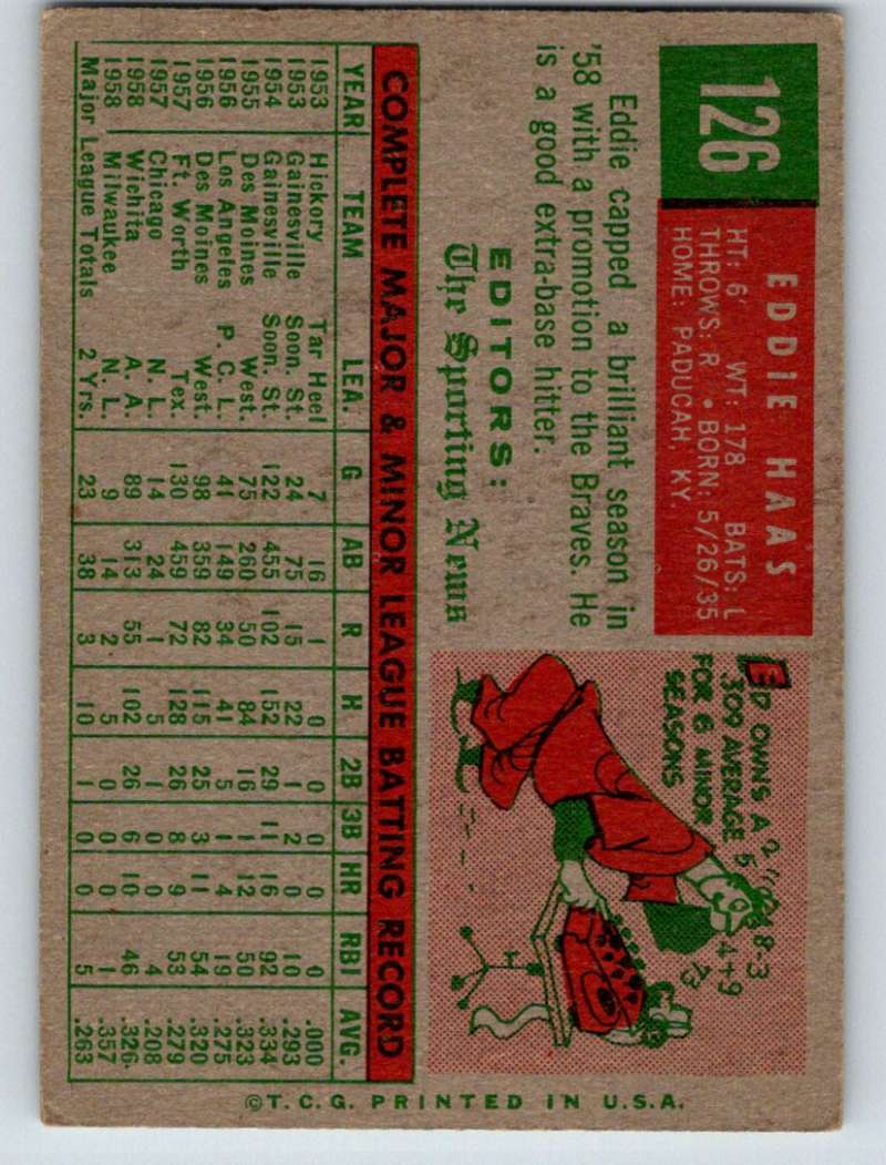 1959 Topps #126 Eddie Haas RC Rookie Braves 3597