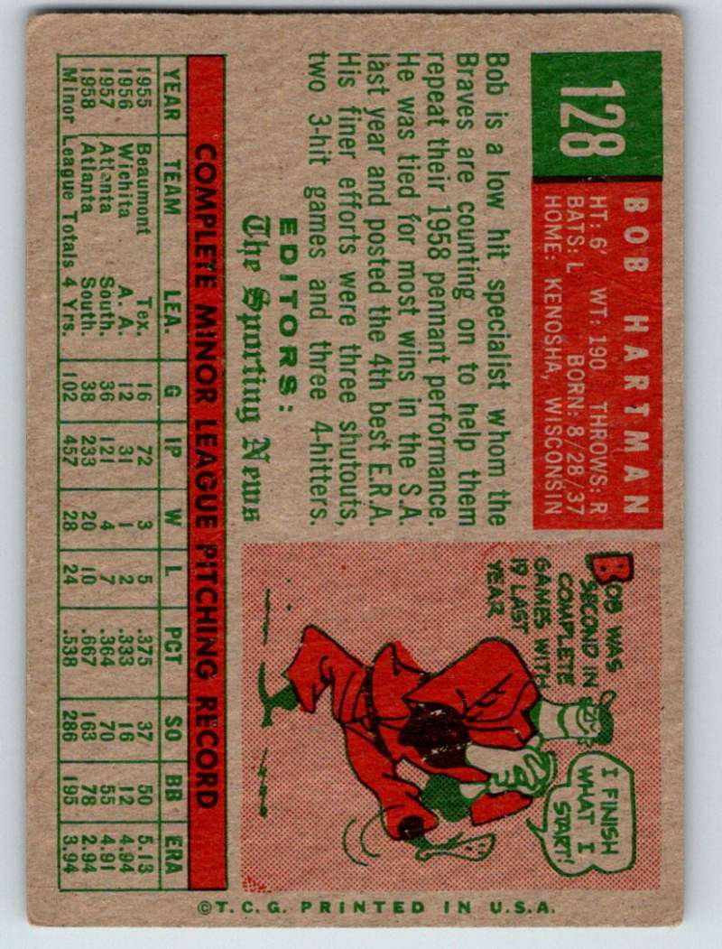1959 Topps #128 Bob Hartman RC Rookie Braves 3599 Image 2