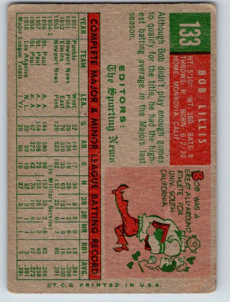 1959 Topps #133 Bob Lillis RC Rookie Dodgers 3601