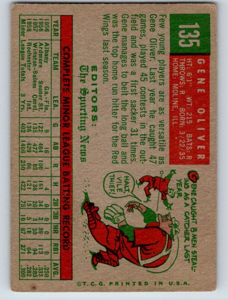 1959 Topps #135 Gene Oliver RC Rookie Cardinals 3603 Image 2