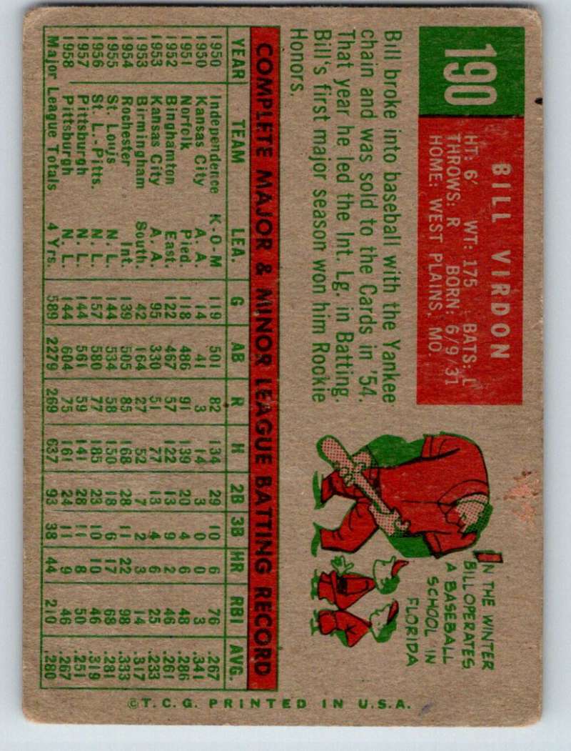 1959 Topps #190 Bill Virdon Pirates 3614 Image 2