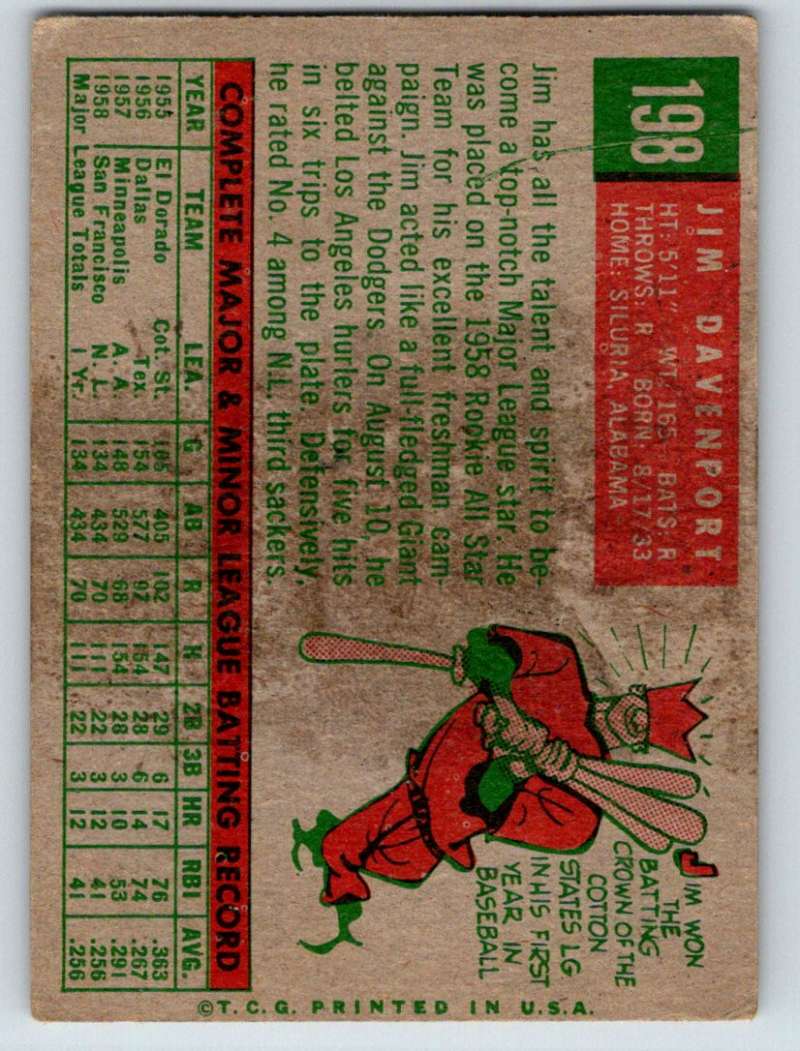 1959 Topps #198 Jim Davenport Giants 3617 Image 2