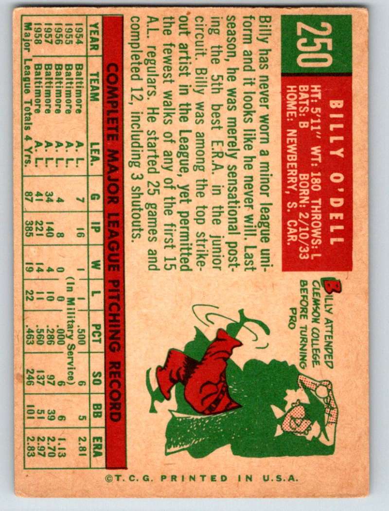 1959 Topps #250 Billy O'Dell Orioles 3625 Image 2