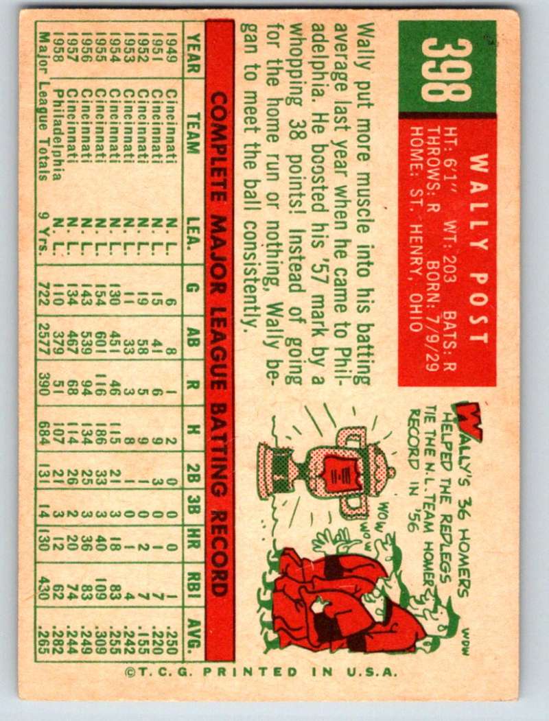 1959 Topps #398 Wally Post Phillies 3643
