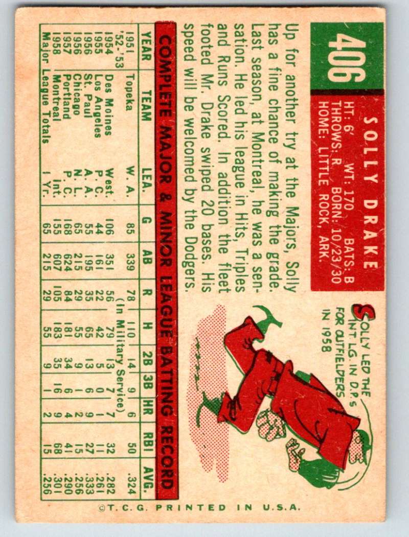 1959 Topps #406 Solly Drake Dodgers 3647 Image 2