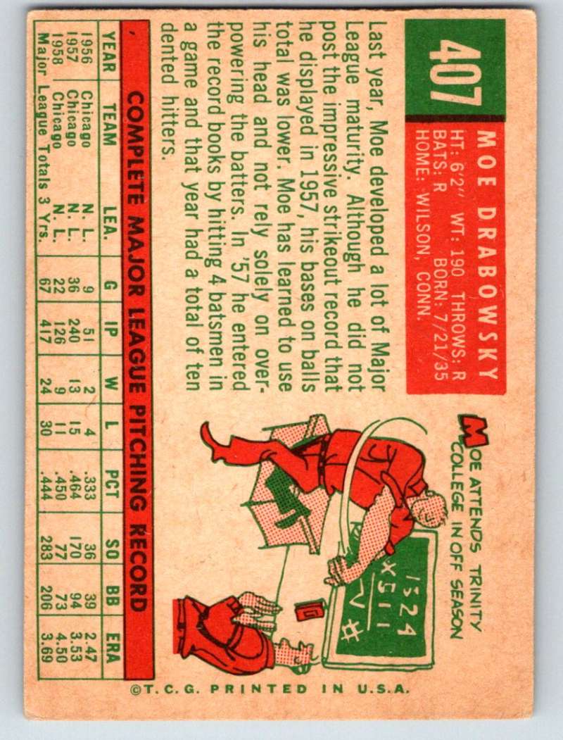 1959 Topps #407 Moe Drabowsky Cubs 3648 Image 2