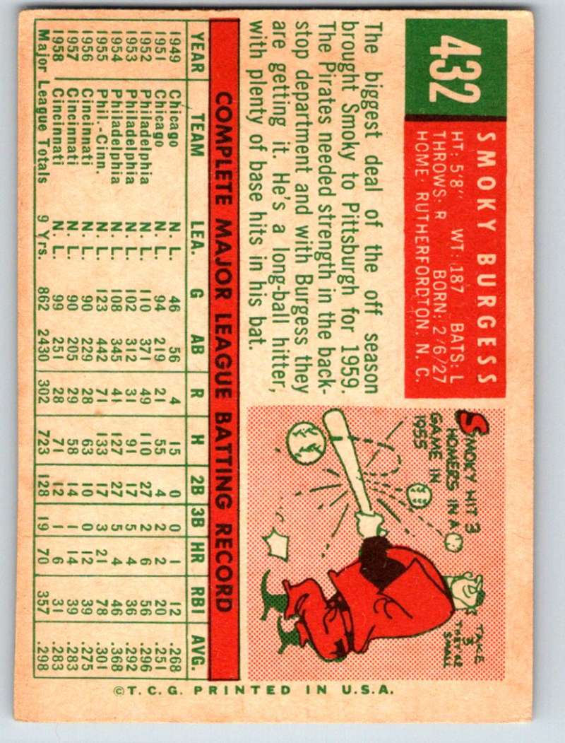 1959 Topps #432 Smoky Burgess Pirates 3650 Image 2