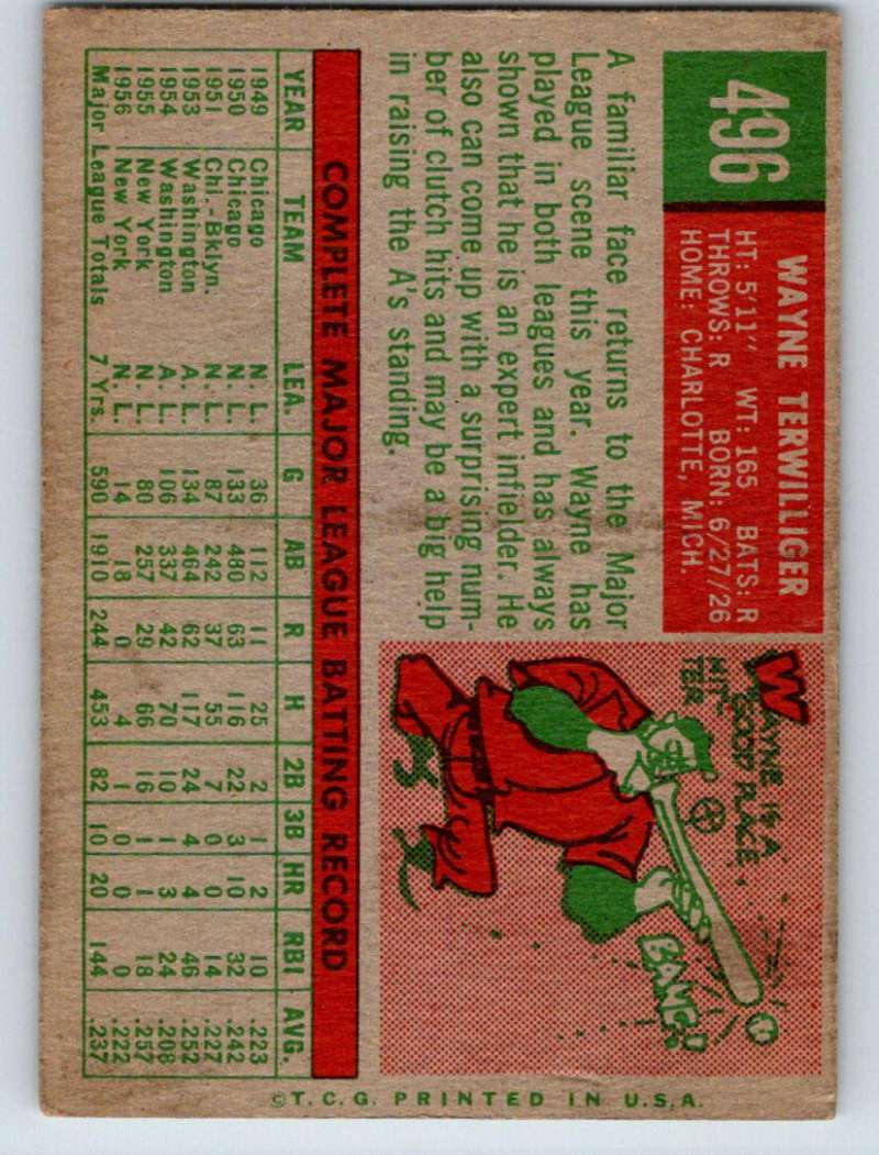 1959 Topps #496 Wayne Terwilliger Athletics UER 3666 Image 2