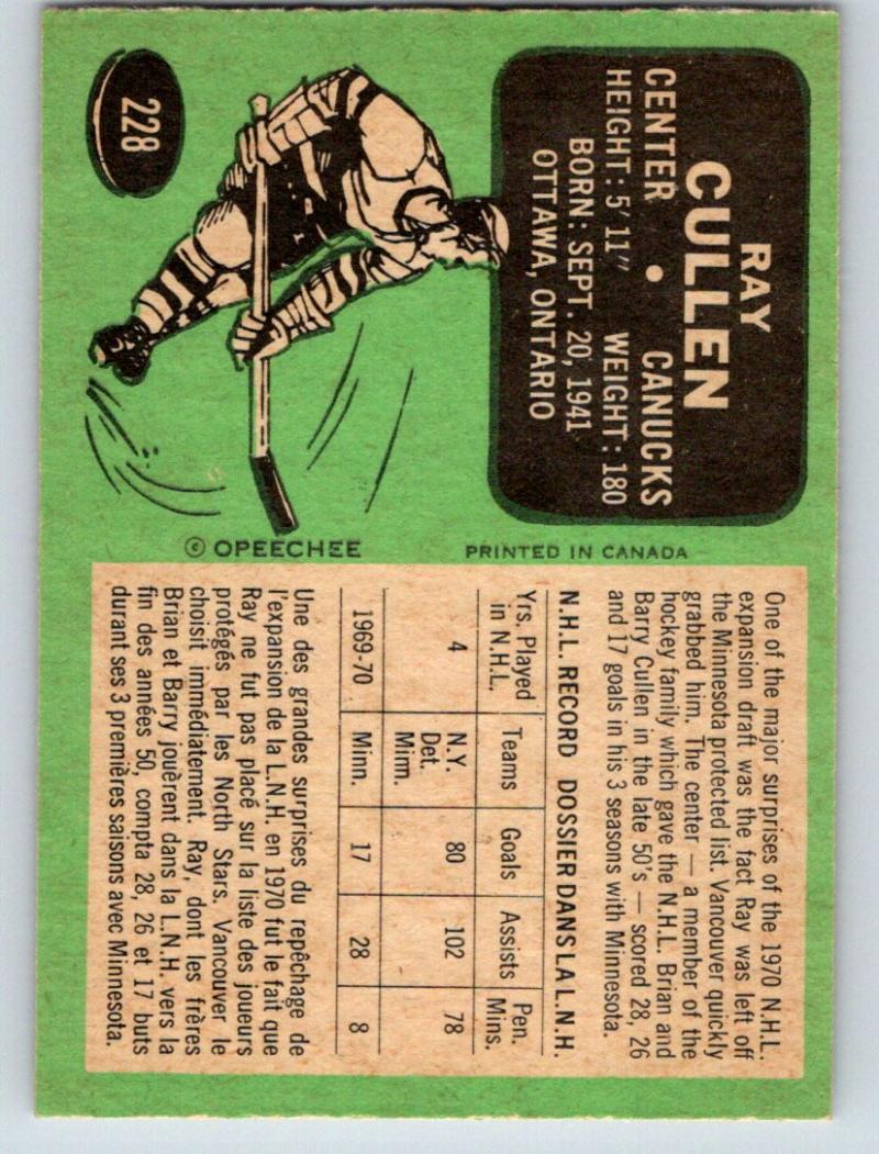 1970-71 O-Pee-Chee #228 Ray Cullen NM+ Hockey NHL Canucks 03669