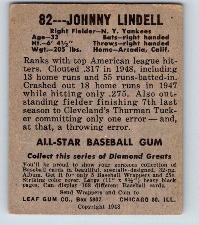 1948 Leaf #82 Johnny Lindell Baseball MLB Baseball Vintage Yankees 03671 Image 2