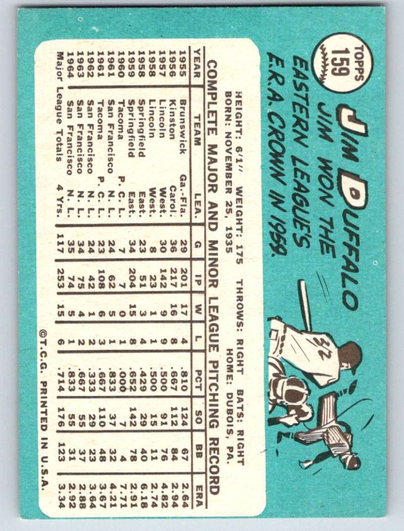 1965 Topps #159 Jim Duffalo Giants Baseball NM 3680 Image 2
