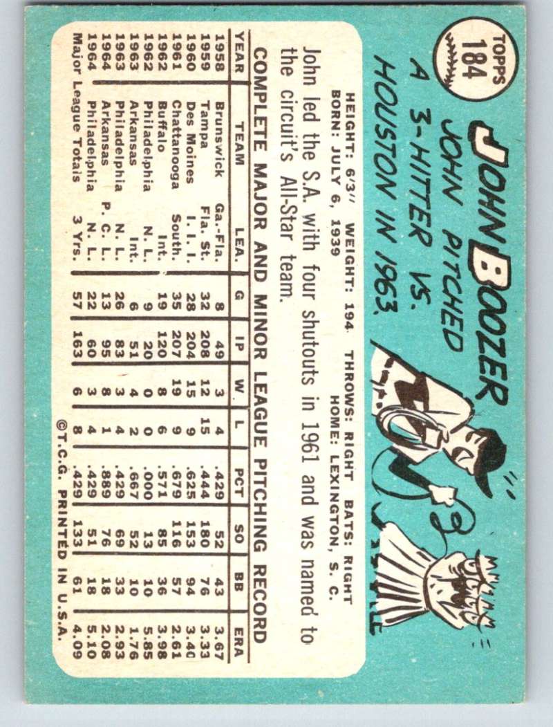1965 Topps #184 John Boozer Phillies Baseball NM 3686